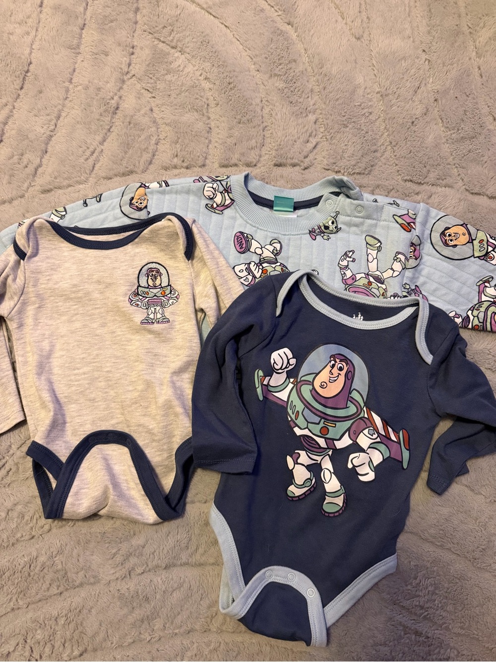 12 month Buzz Lightyear Themed Navy & Light Blue Baby One-Piece Bodysuits 3-Pack